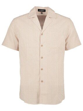 Eleven Paris Beige Floral Batik Camp Collar Short Sleeve Button Up Shirt/5305